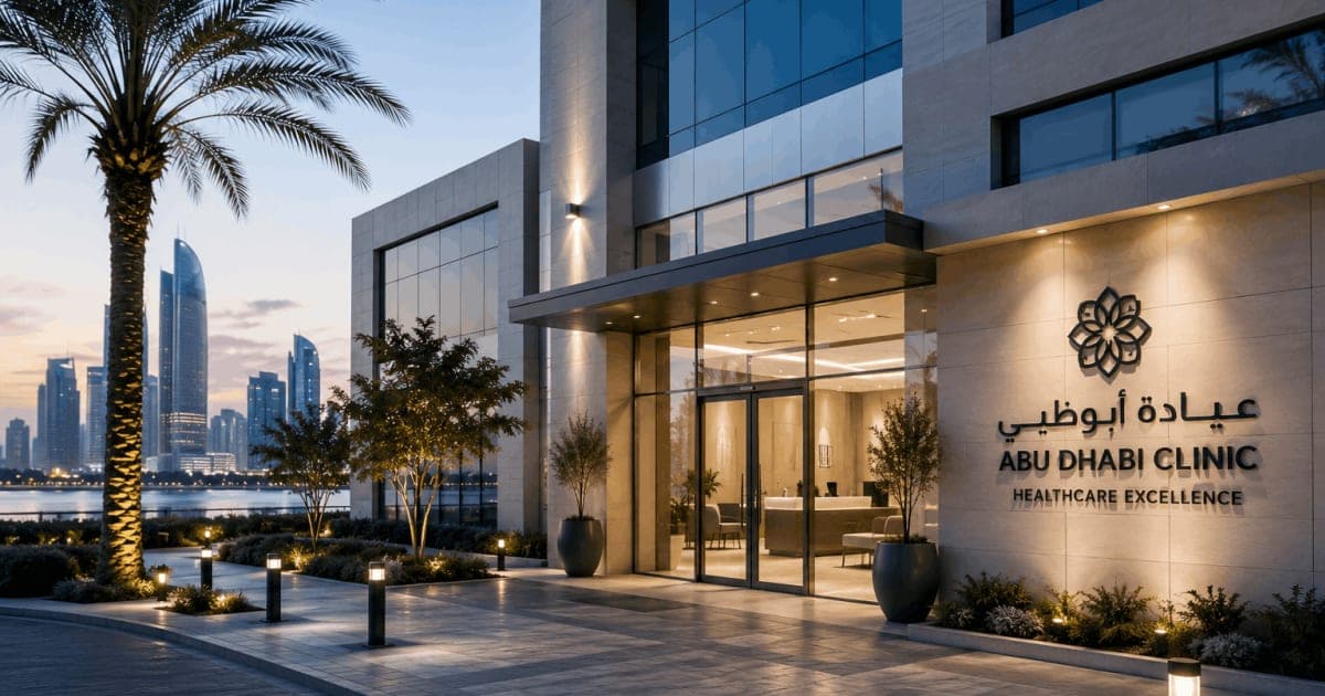 Exterior entrance of a modern medical clinic in Abu Dhabi at dusk, with the city skyline across the water behind