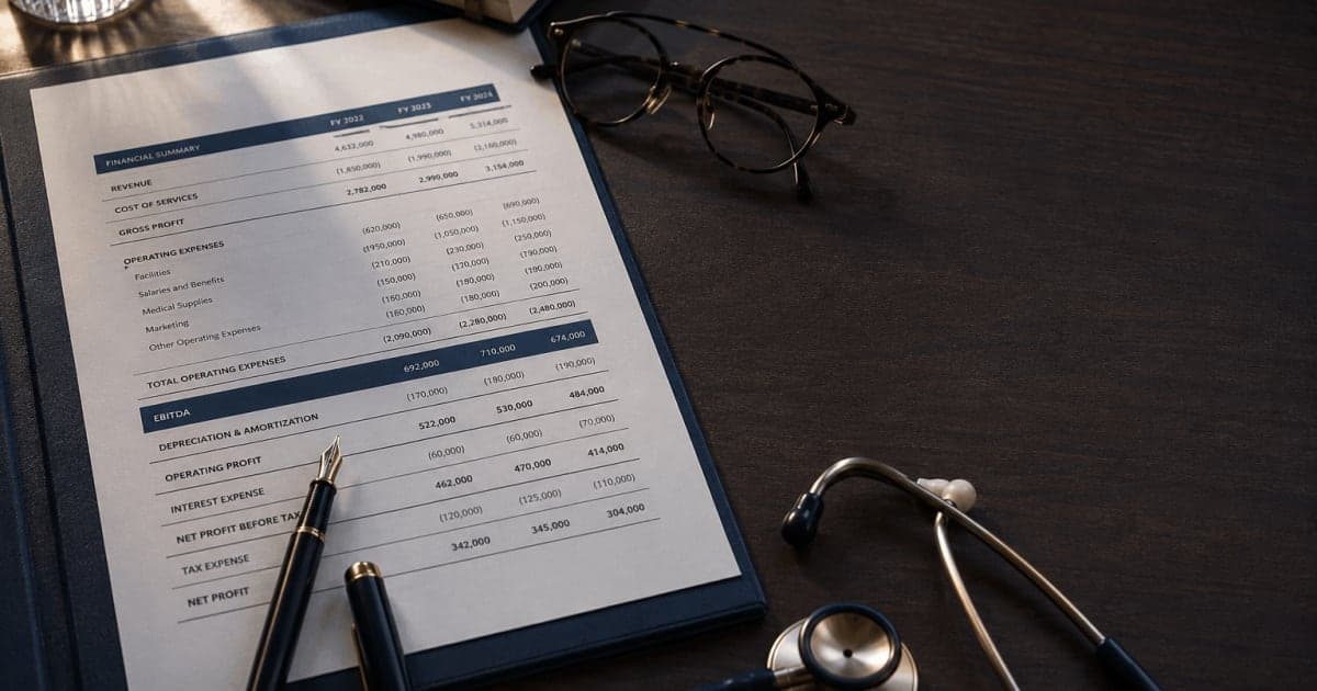 Financial documents and a stethoscope on a desk during a medical practice valuation